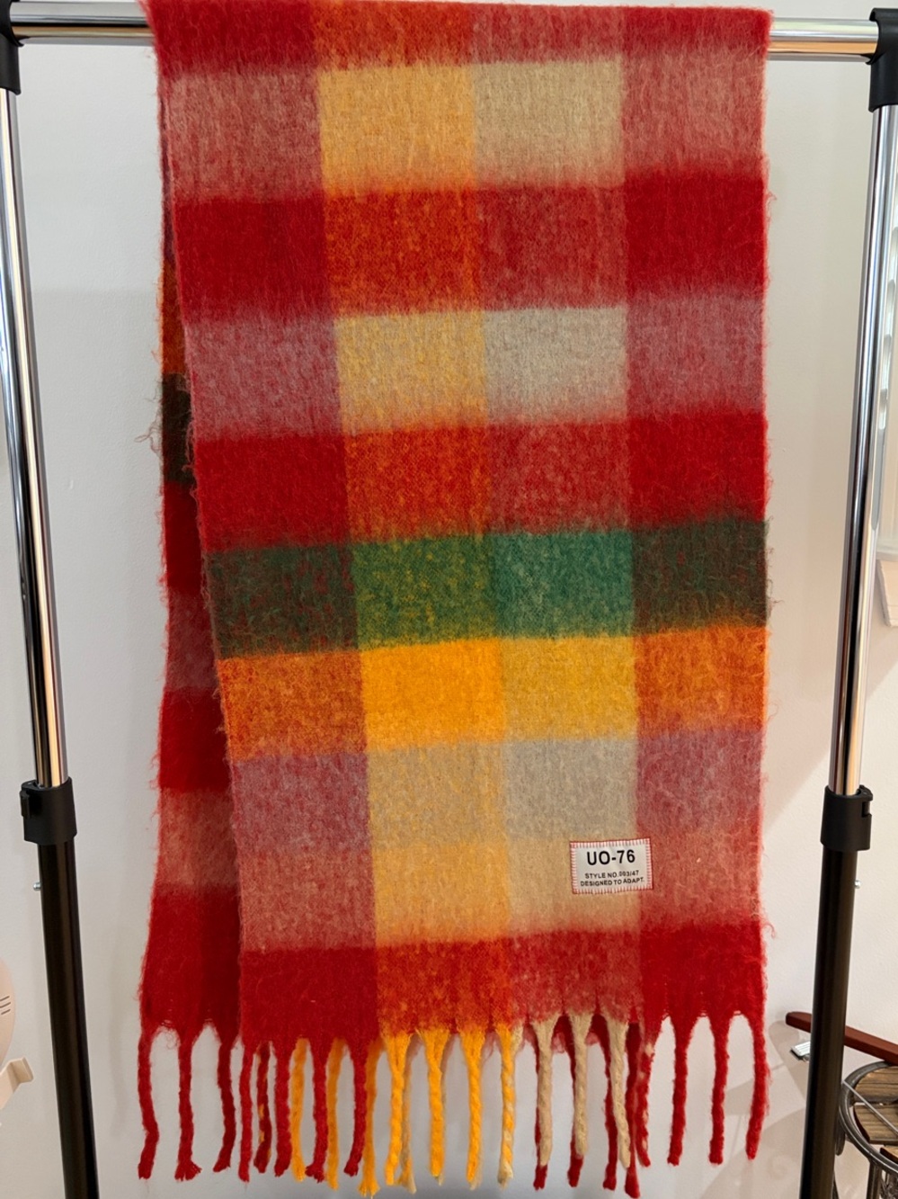 Urban Outfitters Red, Yellow & Green Plaid Fringe Scarf